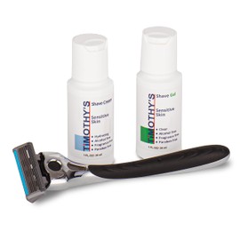 Timothy's Shaving starter kit with one precision re-useable handle, four cartridges, a one bottle of concentrated shave cream, a one ounce bottle of concentrated shave gel, one travel guard for razor