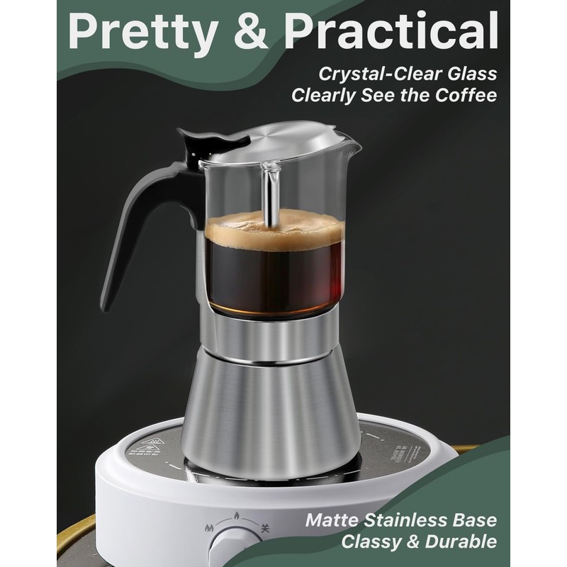 Grasseed Crystal Glass-Top Moka Pot, Brushed Stainless Steel Stovetop Espresso