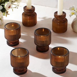 DARJEN 6 Pcs Amber Candlestick Holders - Glass Taper Candle Holders Tealight Votive Candle Holders for Table Centerpieces, Wedding, Dinner Party, Home, Gifts