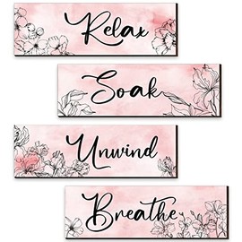 Elegant Bathroom Wall Decor Sign 4 Pieces Vintage Wooden Relax Soak Unwind Breathe Wall Art Hanging Floral Wall Decor Farmhouse Rustic Wood Plaque for Bathroom Laundry Room Supply (Pink)
