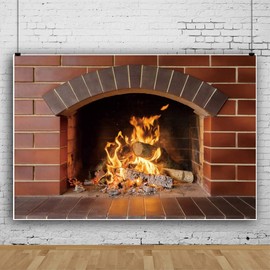 OERJU 7x5ft Red Brick Wall Fireplace Backdrop Burning Firewood Blazing Fire Winter Christmas Party Decoration Photography Background Kids Baby Adult Portrait Photo Booth Shoot Vinyl Studio Props