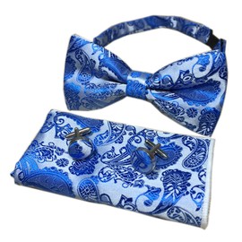 Men Big Boy Paisley Bow Tie Handkerchief Set Bowties Cufflinks Pocket Square Set, Azul Royal, Talla única
