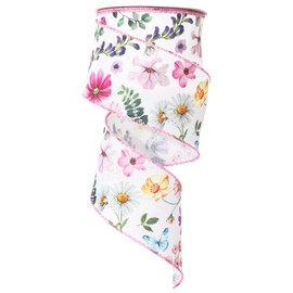 JarThenaAMCS Spring Watercolor Wild Floral Wired Edge Ribbon Colorful Pink Flower Wildflower Craft Ribbon Fabric Ribbon for Wreath Bow DIY Wrapping Birthday Wedding Party Decor, 12 Yard