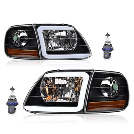 CHEDA Clear Lens Black Housing Amber Reflector Lightning Style LED DRL strip Headlights & Corner Parking Lights Kit Pair Compatible with 1997-2002 Ford Expedition/2004 F150 Heritage/1998-2003 F150