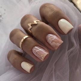 White Press on Nails Short, Square Fake Nails Cute False Nails with Marble Glitter Designs Full Cover Acrylic Fake Nails Short Glue on Nails Glossy Stick on Nails for Women Girls Nail Decorations