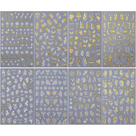 8Sheet Laser Gold White Flower Nail Stickers For Nail Art,Spring Summer Leaves Flowers Nail Art Stickers 3D Butterfly Floral Nail Decals For Women Nail Design Nail Decor Nail Supplies Nail Accessories