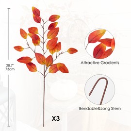 3PCS Artificial Fall Leaves Stems 28.7'' Fall Foliage Branches Autumn Eucalyptus Leaves Spray for Home Thanksgiving Kitchen Bathroom Table Centerpiece Indoor/Outdoor Decor(Orange&Red)