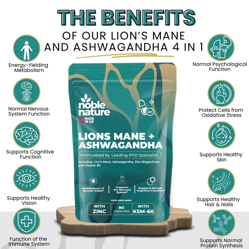 Noble Nature Lion’s Mane & Ashwagandha KSM-66 4-in-1 Adaptogen &