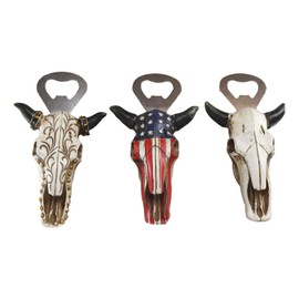 Ebros Gift Pack of 3 Assorted Rustic Western Bull Steer Cow Skulls with Tribal Tattoo USA Flag and Bone Skeleton Finished Soda Beer Glass Bottle Cap Openers Tool Cabin Lodge Country Accent Accessory