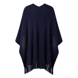 Ferand Women's Shawl Wraps with Pockets Open Front Fringe Poncho Cozy Knit Lightweight Cardigan Sweater,Navy blue