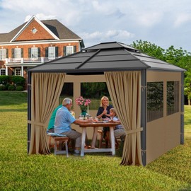 Gazebo Privacy Curtains 10' x 12' with Mosquito Windows, 4-Panels Side Wall with Zipper Universal Replacement for Patio, Outdoor Canopy, Garden and Backyard, Khaki (Curtain Only)