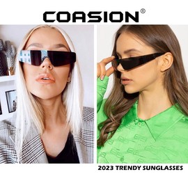 COASION Wrap Around Sunglasses for Women Men Trendy Rimless Futuristic Shades Y2k Shield Flat Top Fashion Eyeglasses (Black/Grey)