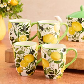 Limone Set of 4 Ceramic Mugs 14 oz. - Assorted Lemon-Themed Designs, Durable, Shatterproof, and Dishwasher-Safe Coffee Cups for Everyday Use and Entertaining