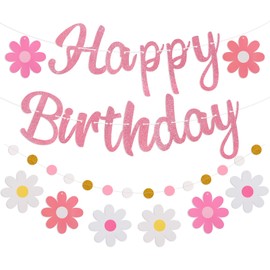Danadia Pink Birthday Decorations, Pre-Strung Happy Birthday Banner with Flowers and Circle Dot Garland, NO DIY Daisy Party Decorations for Women Girls Men Boys