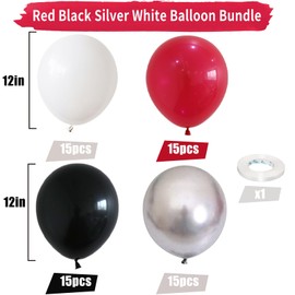 Red and Black Balloons, 60 PCS Red Black and White Balloon Set with Metallic Silver Balloons, 12 Inch Silver Balloon for Kids Boys Graduation hero Theme Party Birthday Party Decorations
