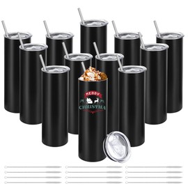 YOUKE OLA 12 Pack Stainless Steel Skinny Tumblers Bulk Straight Double Wall Insulated Tumbler with Lid and Straw for, DIY, Black, 20oz