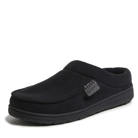 Dearfoams Men's Brendan Microfiber Suede Clog Slipper, Black (Perforated), Medium Wide