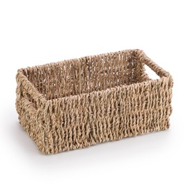 Woodluv Decorative Rectangular Handwoven Natural Seagrass Decor Storage Gift Hamper Display Basket With Inset Handles, Small, 26 x 15.5 x 11 cm (L/W/H)