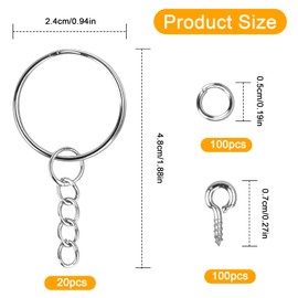 Granvoo Pack of 20 Key Rings with Chain Silver, Key Ring with 100 Split Rings + 100 Eye Screw Eyelets, 24 mm Metal Key Ring, Key Ring Set for DIY Key Chain Crafts