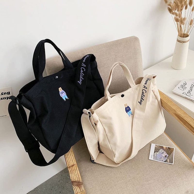 Umetoo Girls Cute Embroidered Bear Shoulder Bag 2-Way Canvas Tote
