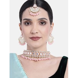 I Jewels Womens Gold Plated Indian Wedding Bollywood Kundan Choker Necklace Chandbali Earring & Maang Tikka Ethnic Jewellery Set Gift (K7228-1) () Pink