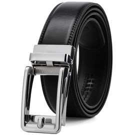 Founders & C Men's Leather Ratchet Comfort Click Belt Dress with Slide Buckle -Adjustable Trim to Fit (28"-42" Waist Adjustable, Silver buckle W 106 Black Leather)