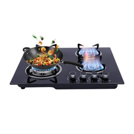 PSUFURV Gas Stove Top 23 Inch Built-in Gas Cooktop 4 Burner with Plug-In Igniter Black Tempered Glass Dual Burners Propane Cooktop for Homes, Hotels, Restaurants