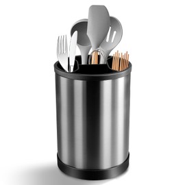 Vusddy Kitchen Utensil Holder, Utensil Holder Kitchen Made of Stainless Steel, 360° Rotating Utensils Organiser, with Drain Base, Kitchen Utensil Container for Worktop