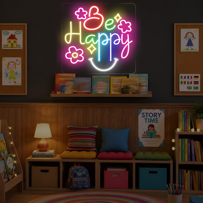 Be Happy Neon Sign, Positive Classroom Decor LED Light for