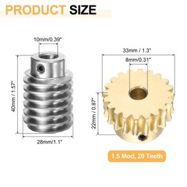 sourcing map Worm Gear Set 20T 1.5 Module 20:1 Reduction Rate, Right Rotation Drive Gear Box Wheel Reduce Transmission Part (Brass Gear-8mm Bore, #45 Steel Rod 10mm Bore)