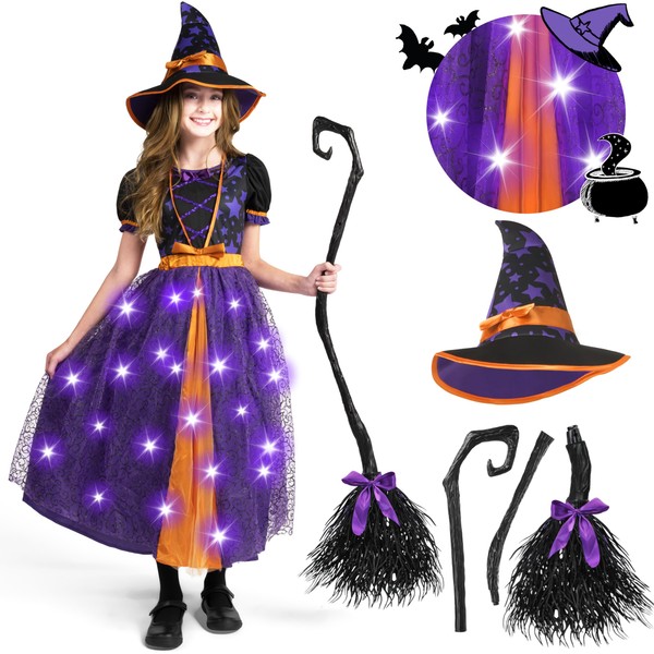 Spooktacular Creations Light Up Purple Witch Costume with Broom for Toddler Girls, Fairy Tale Witch Halloween Costume Dress Up (Small (5-7 yr))