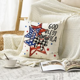 AVOIN colorlife 4th of July God Bless America Throw Pillow Cover, 18 x 18 Inch Independence Day Memorial Day Flag Stars Decor Cushion Case for Sofa Couch