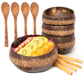 Rainforest Bowls Set of 4 Jumbo Zigzag Coconut Bowls, 4 Wooden Spoons & 4 Reusable Bamboo Straws - 100% Natural, Hand Carved by Artisans, Eco-Friendly & Sustainable - Smoothie/Acai/Salad Bowls