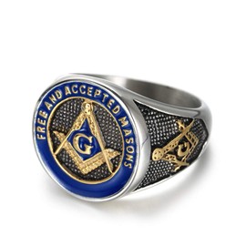 INRENG Men's Stainless Steel Vintage Freemason Masonic Biker Rings Blue Free and Accepted Masons Ring Band Gold Size 10