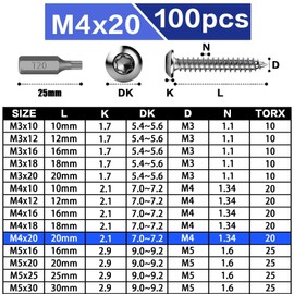 ddckj 100Pcs M4 x 20 mm Stainless Steel Self Tapping Screws Pan Head Screws Torx Self Drilling Screws for Metal with T20 Drill Bit