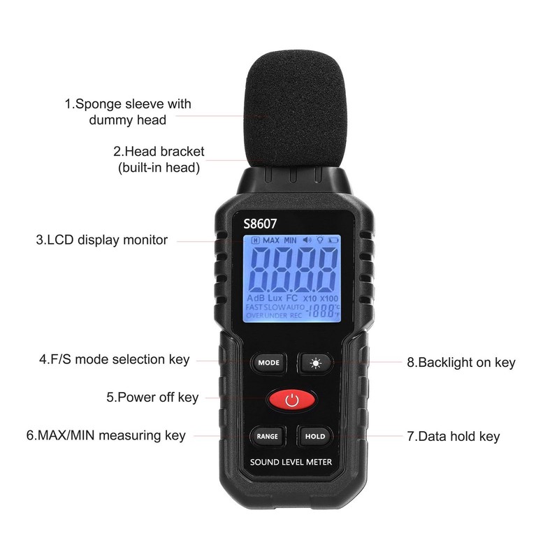 Decibel Meter, S8607 Digital Sound Level Meter 30-130 dB with