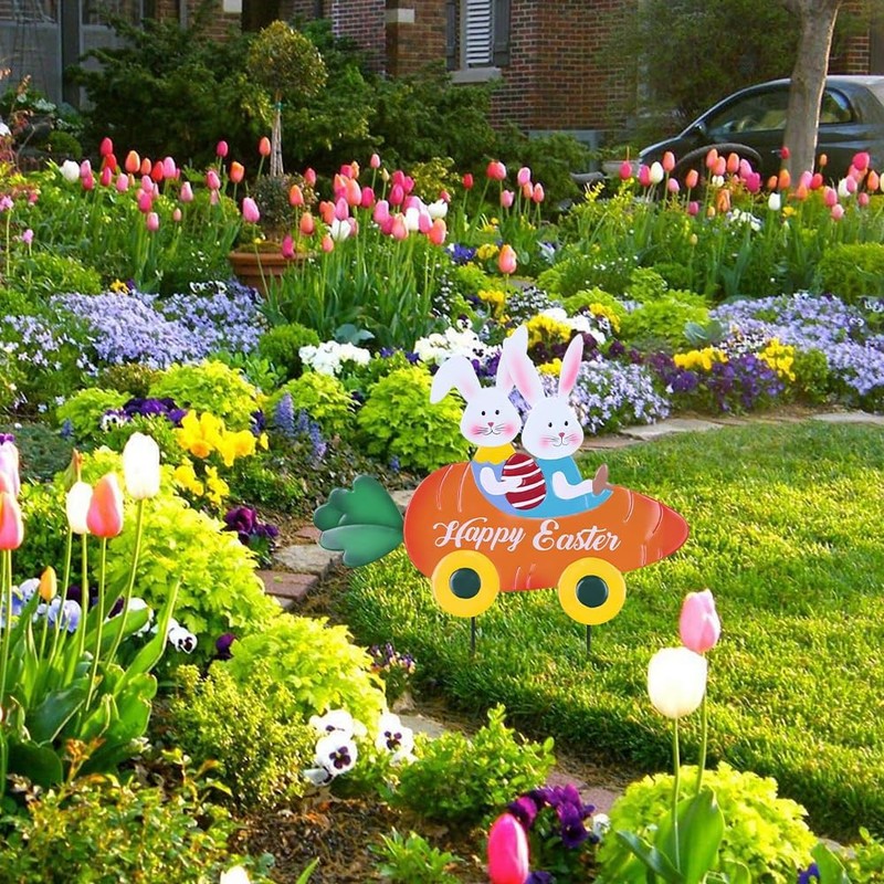 hogardeck Easter Decorations Outdoor, Metal Bunny Carrot Cart Decorative Garden