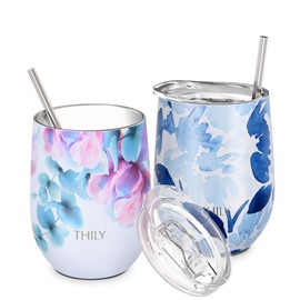 THILY Vacuum Insulated Stemless Wine Tumbler 12 oz Stainless Steel Wine Tumbler with Lid and Straw, Keeps Drinks Cold or Hot, Christmas Birthday Gift, Pack of 2 (Pink Lily + Blue Maple)