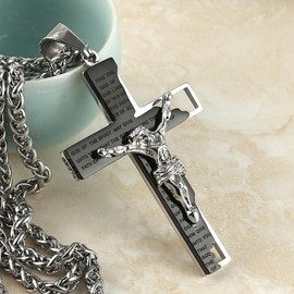 IS Holy Cross Men's Stainless Steel Cross Crucifix Bible Prayer Pendant Christian Necklace with 23.5" Chain - PD05, Black
