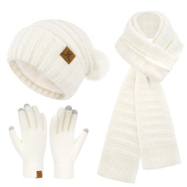 Bequemer Laden Womens Winter Hats Scarf Gloves Set, Warm Fleece Lined Beanie with Pom Poms Long Scarves Touchscreen Gloves for Women Cold Weather Gifts