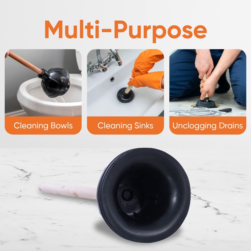 Superio Plunger, Black Rubber, Natural Wood Handle