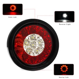 Auovo 4’’ Inch Round LED Truck/Trailer White Red Taillights with Rubber Grommet 16LED DC 12V Waterproof Stop Brake Running Reverse Backup Lights Tail Lamps for RV Trailer(2 Red/White Lights)