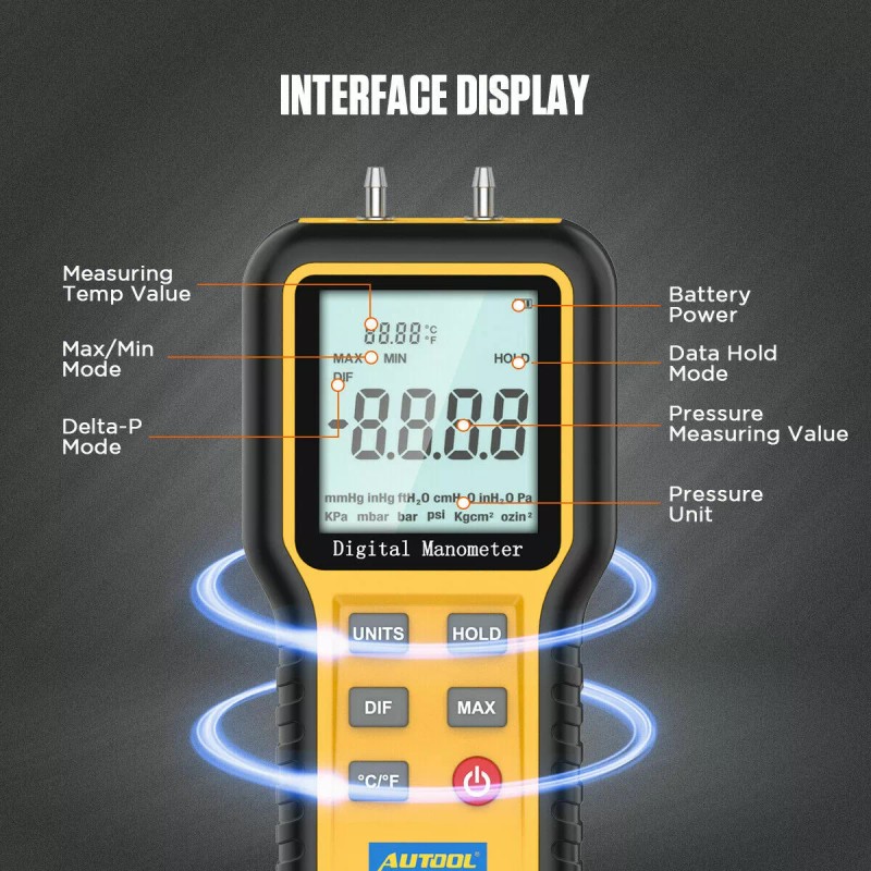 AUTOOL Digital Manometer Dual Port Air Pressure Gauge Meter HVAC/Gas