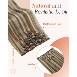 Sunny Hair Sunny Hair Clip in Hair Extensions Straight Human Hair Clip in Extensions Remy Clip in Hair Extensions Real Human Hair Extensions Clip ins Highlight Light Brown with Platinum Blonde 24inch