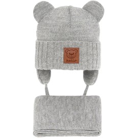 CiuchCiuch Baby Hat and Scarf Set with Ears Hello - Winter Hat Girls Boys Baby Children - For Christmas - Christening - Knitted Hat with Fleece Lining Beanie, gray