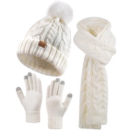 Winter Beanie Hat Scarf Gloves Set for Women, Pom Pom Fleece Lined Hat Knit Touchscreen Gloves