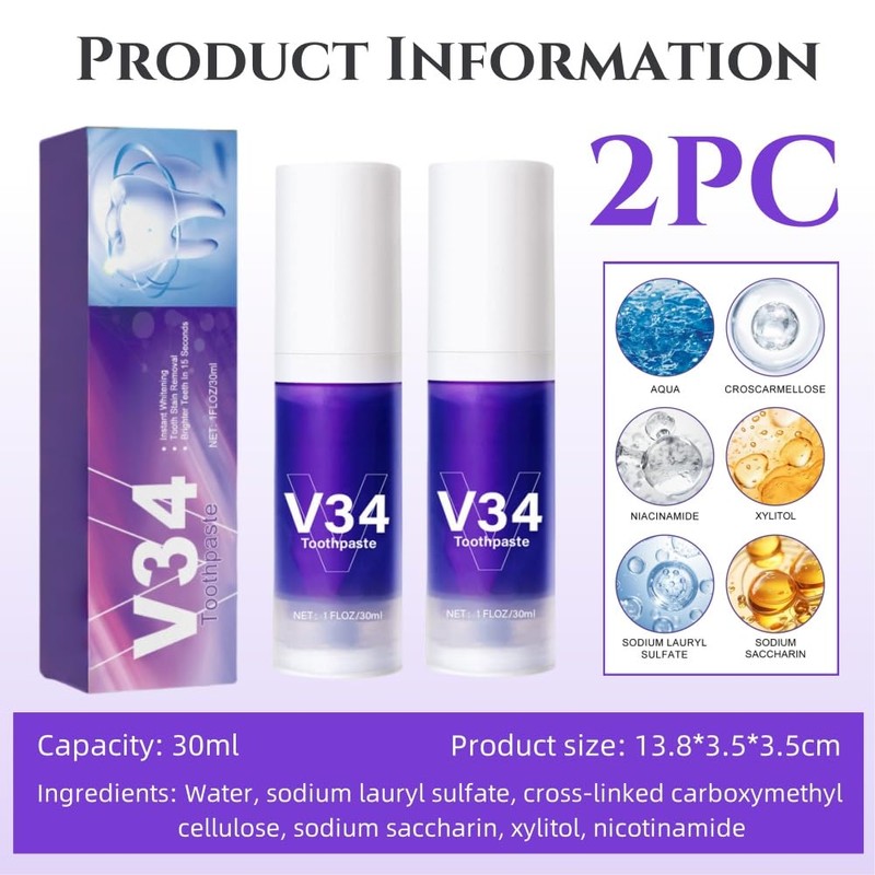 Purple Teeth Whitening Toothpaste, 2 Pieces, 30 ml Toothpaste for
