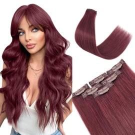 TESS Clip in Extensions Echthaar 6stk 40g, 6 Clip in Haarverlängerung Echthaar Extensions Remy Extensions40cm 99J# Weinrot