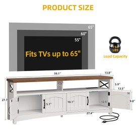 DWVO Farmhouse TV Stand for TV up to 65", Wood Entertainment Center with 2-Door Storage Cabinets, 21.6" Tall Television Stands w/LED Lights, Large Media Console Cabinet for Living Room (Rustic White)