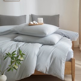 Striped Duvet Cover Set California King Size, 3 Pcs Breathable Durable 100% Washed Cotton Comforter Cover for All Seasons, Chic Linen Like Textured Bedding Set (Light Blue White Pinstripes, Cal King)